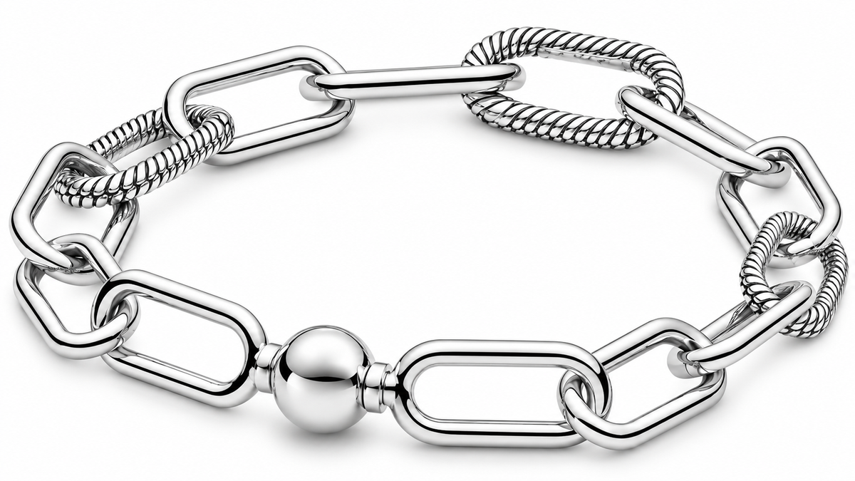 Sterling Silver Geometric Link Bracelet with Round Clasp