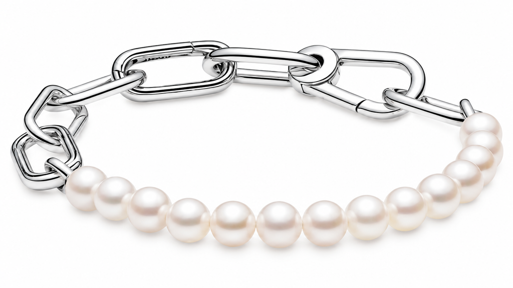 Sterling Silver Paperclip Link Bracelet with White Pearls