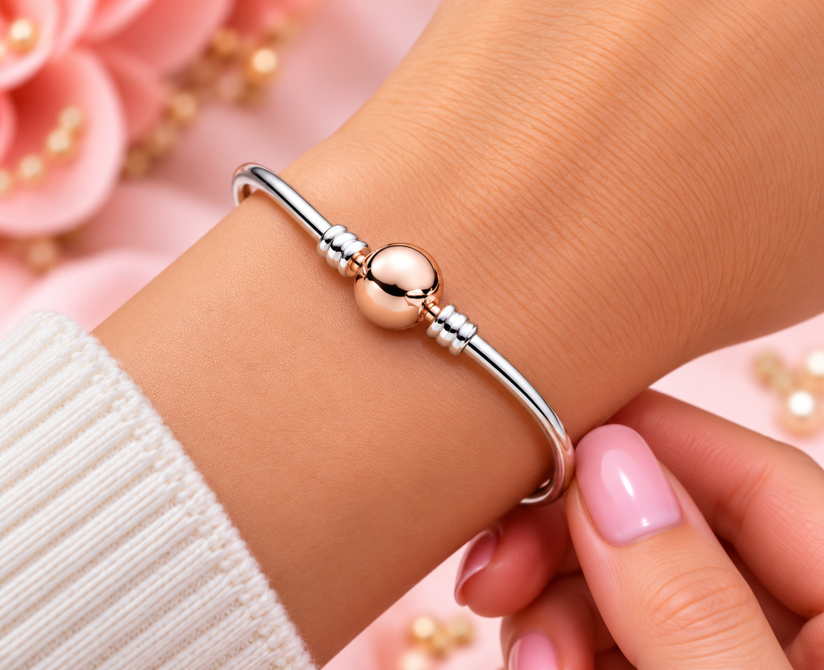 Sterling Silver Smooth Bangle Bracelet with Rose Gold Clasp