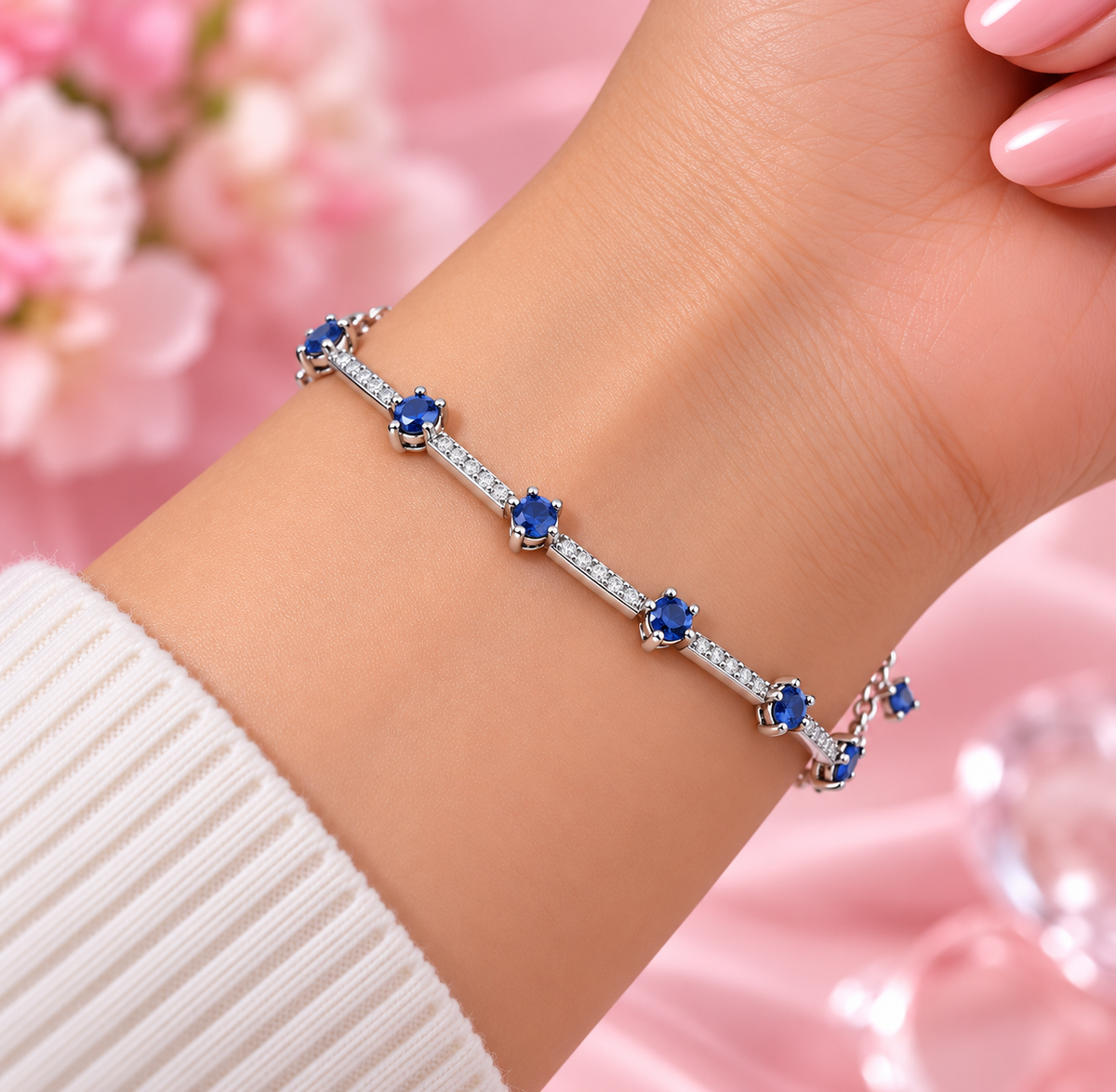 Sterling silver bracelet with clear cubic zirconia and skylight blue crystal 20 CM