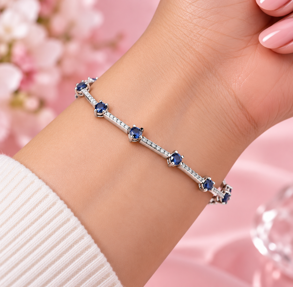 Timeless Sterling Silver Bracelet with Clear Cubic Zirconia & Skylight Blue Crystal