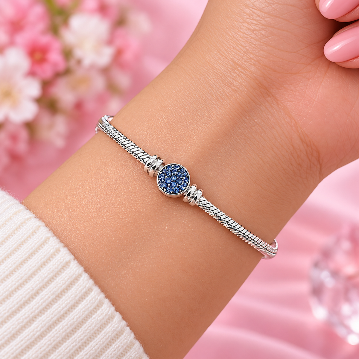 Sterling Silver Snake Chain Bracelet with Blue Crystal Clasp