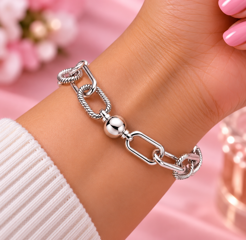 Sterling Silver Geometric Link Bracelet with Round Clasp