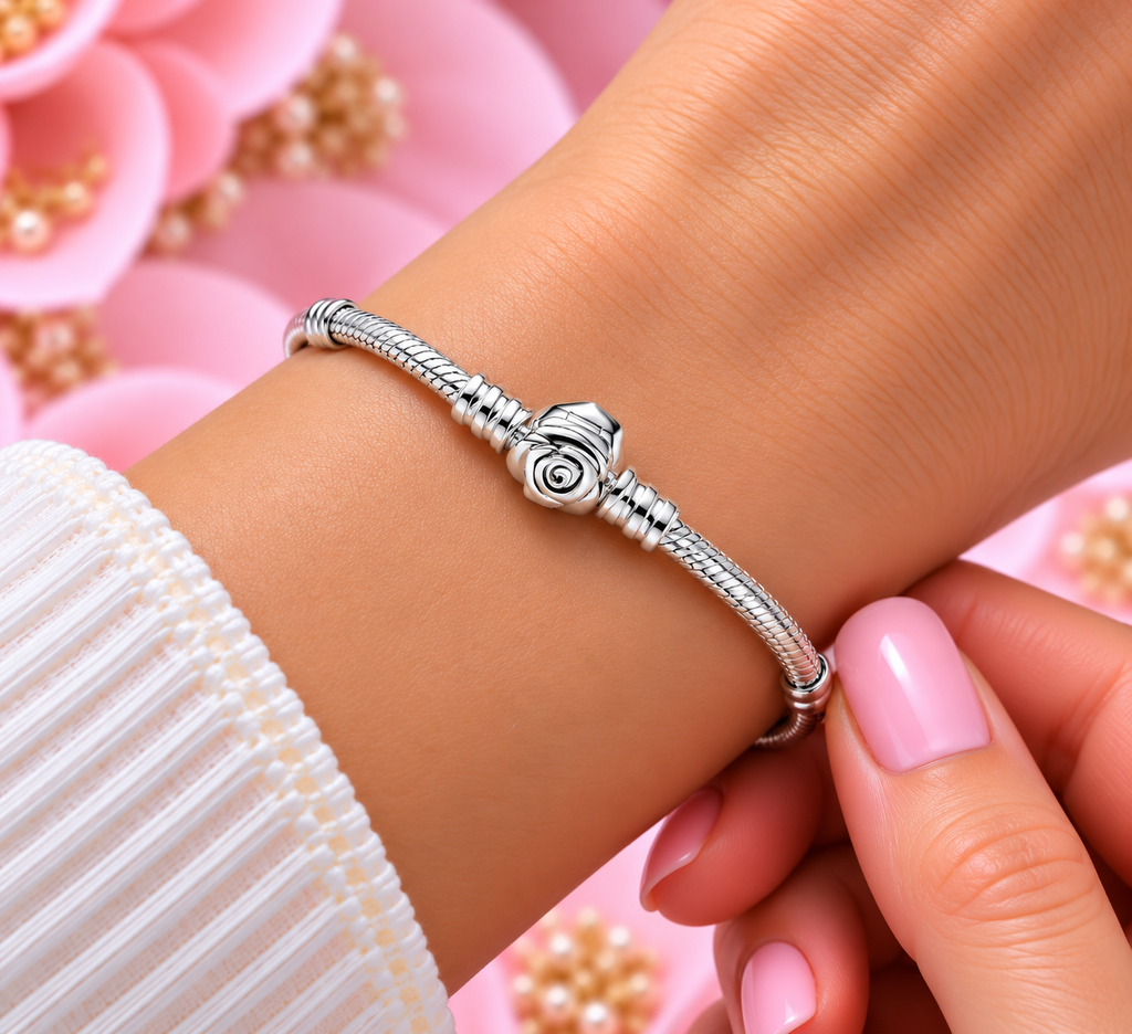 S925 Rose in Bloom Clasp Snake Chain Bracelet Sterling silver
