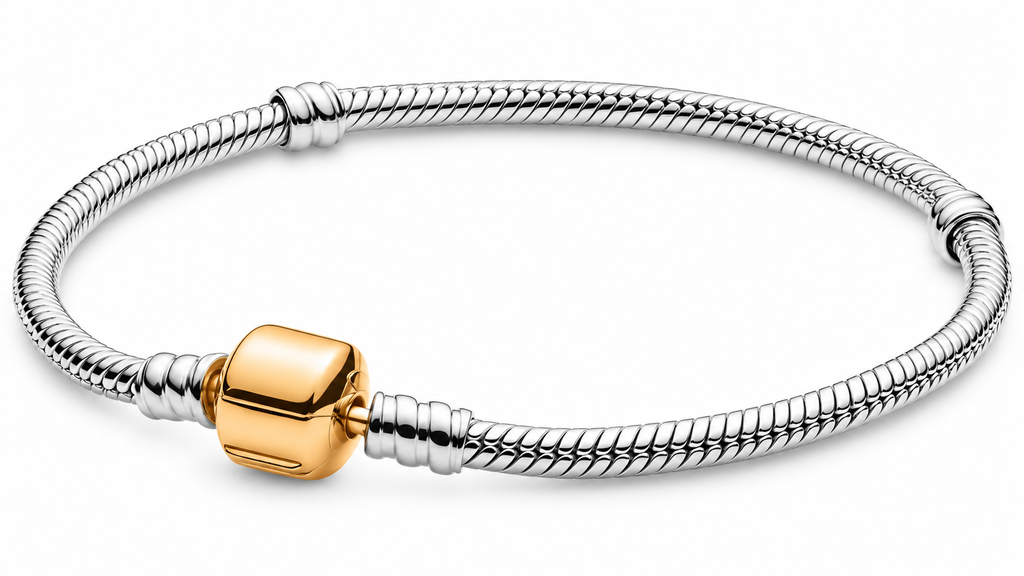 Sterling Silver Snake Chain Bracelet with Gold Barrel Clasp