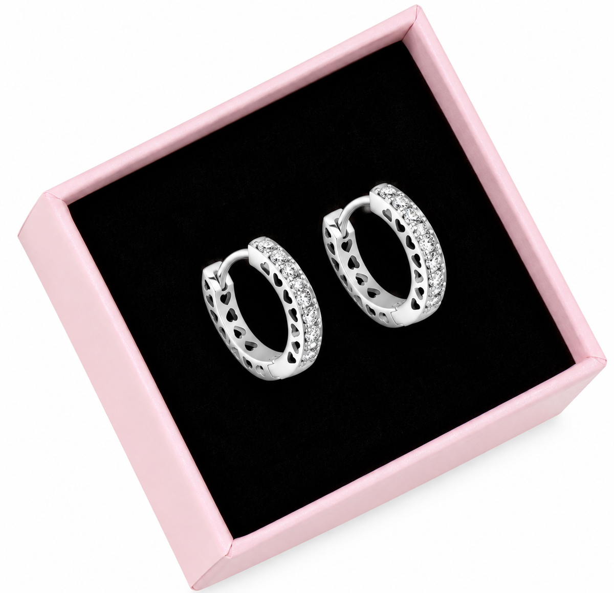 Silver Crystal Heart Cutout Huggie Earrings