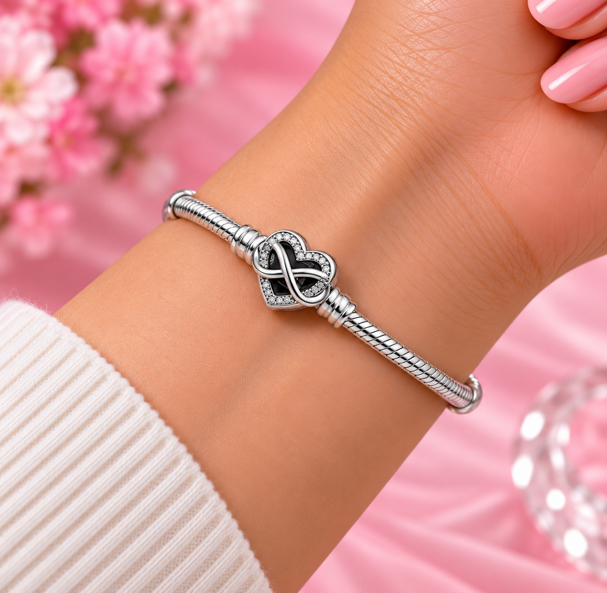 Sterling Silver Snake Chain Bracelet with Crystal Heart & Infinity Clasp