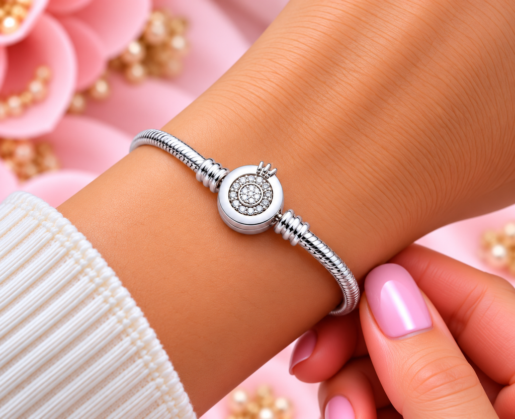 Sparkling Crown O Snake Chain Bracelet Sterling Silver 19CM