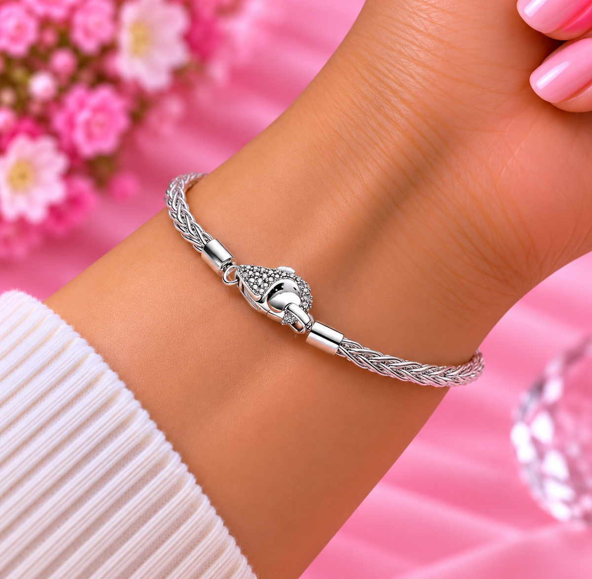 Elegant Sterling Silver Braided Chain Bracelet with Sparkling Crystal Pavé Lobster Clasp for Women