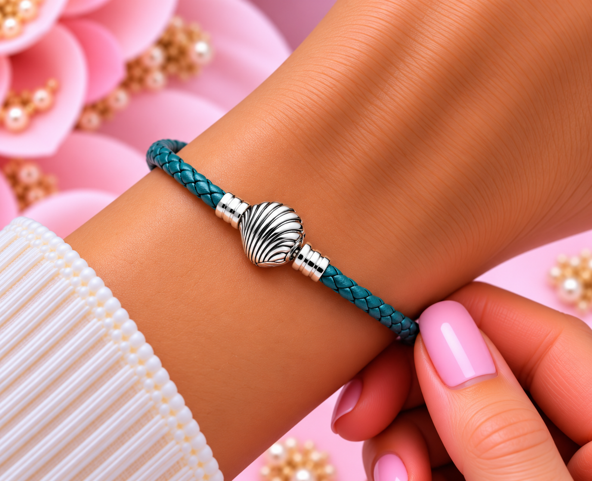 Seashell Clasp Turquoise Braided Leather Bracelet Sterling silver