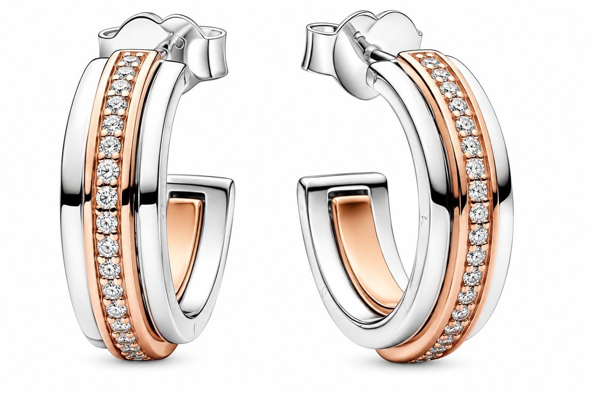 Two-Tone Rose Gold Crystal Hoop Earrings Sparkling Pavé Open Hoop Jewellery