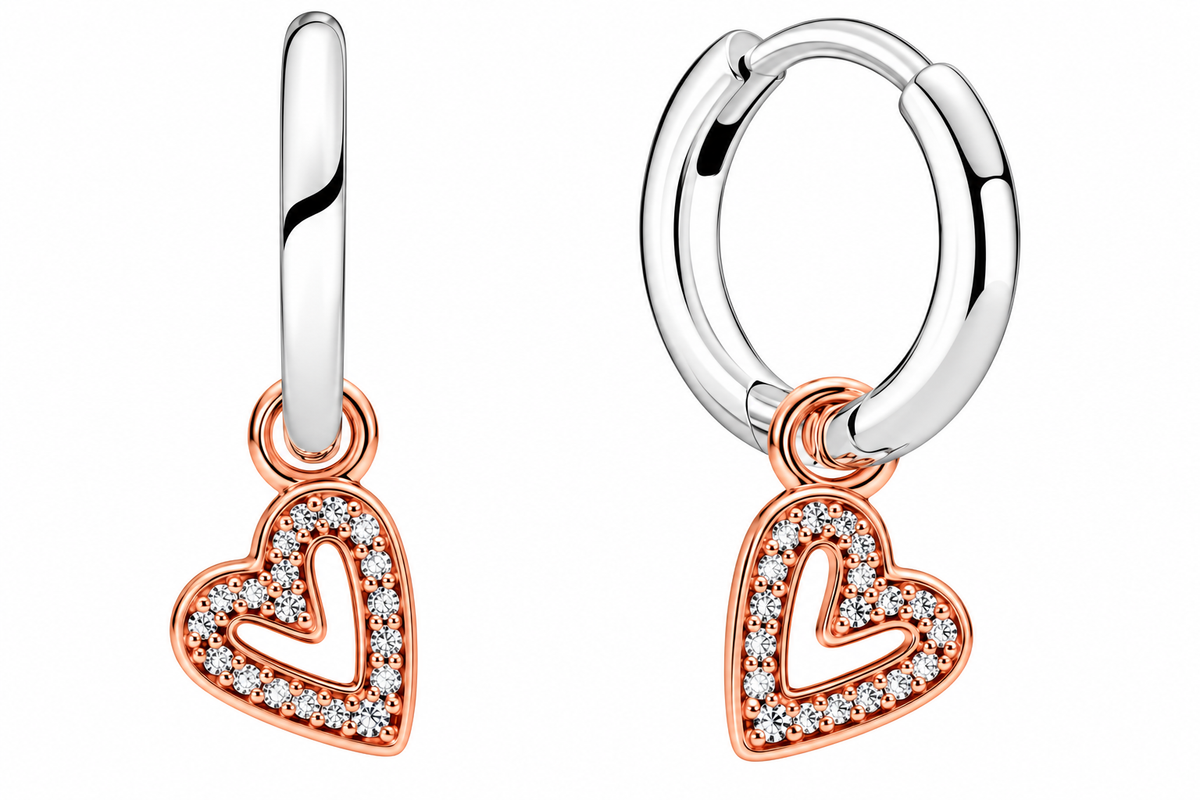 Sparkling Freehand Heart Hoop Earrings Sterling Silver, 14k Rose Gold Plating