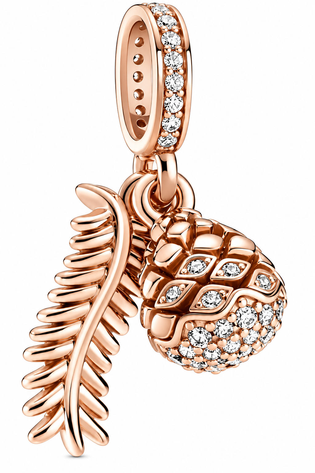Rose Gold Feather & Sparkling Pinecone Dangle Charm