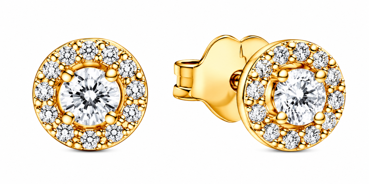 Round Pavé Halo Stud Earrings 14k Gold Plating S925