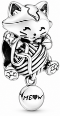 Cute Silver Cat Charm with Yarn Ball Meow Kitty