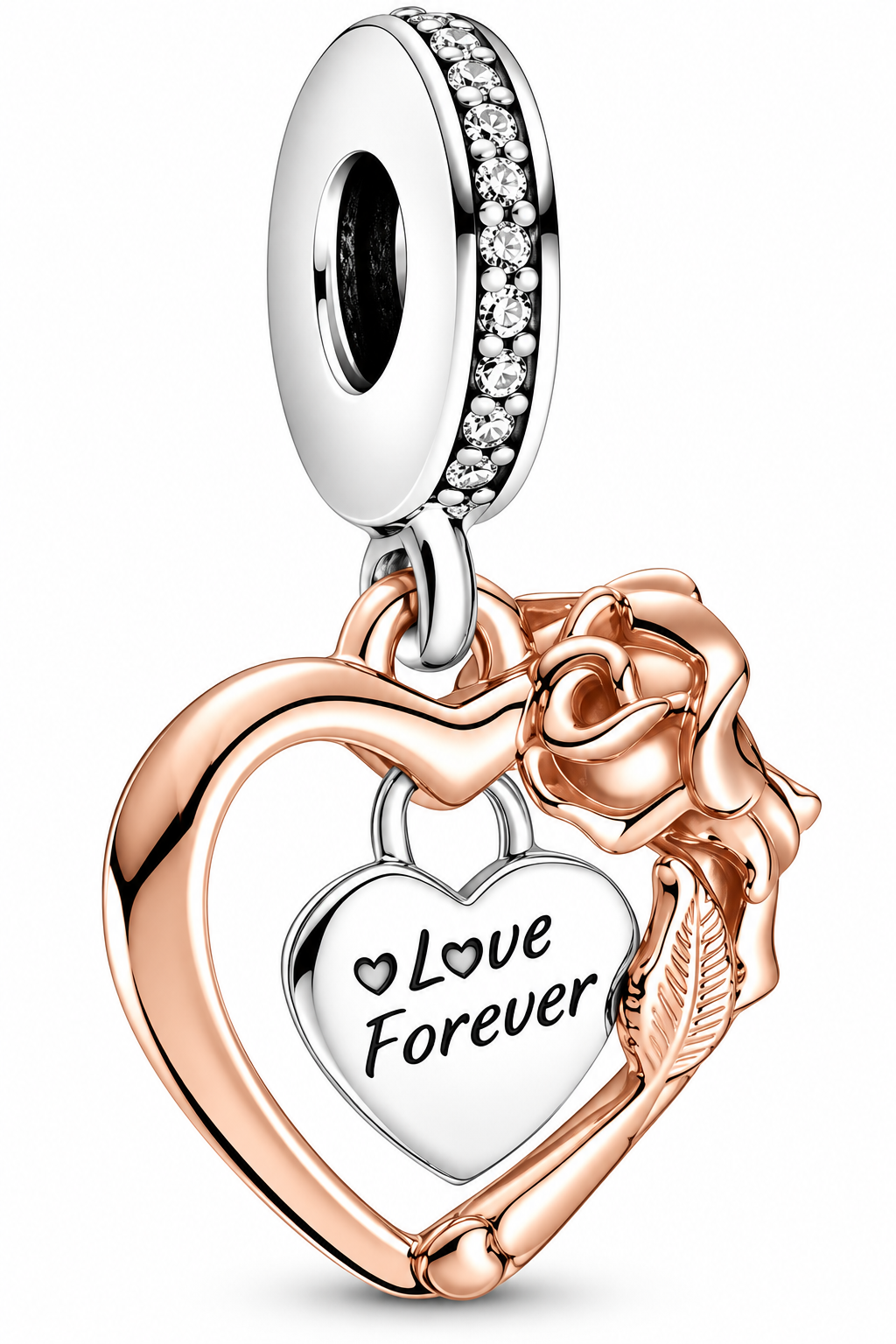 Heart & Rose Flower Dangle Charm Sterling Silver, 14k Rose Gold Plating