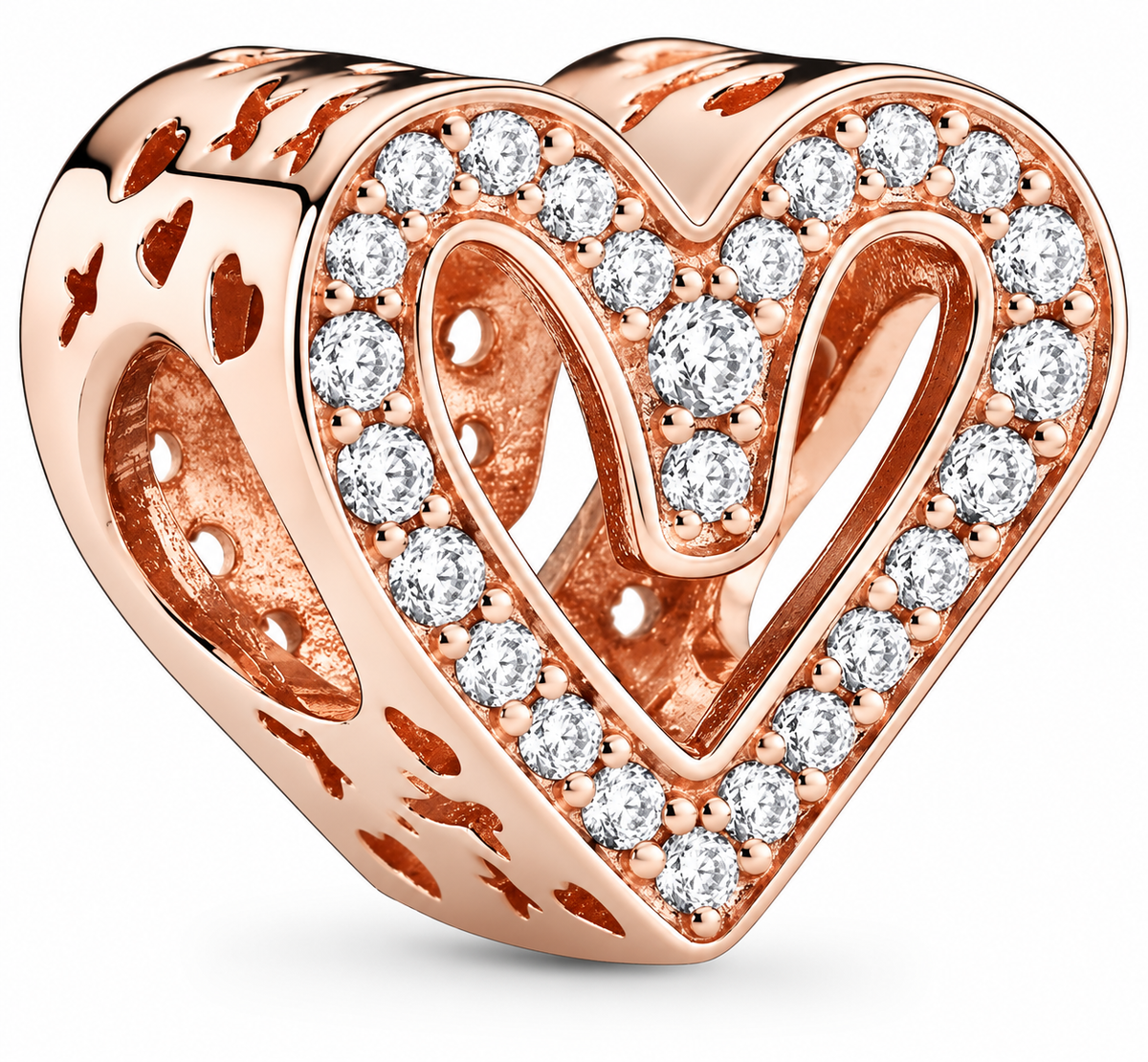 Rose Gold Sparkling Heart Charm with Clear Crystals – Openwork Love Bracelet Bead Gift for Her