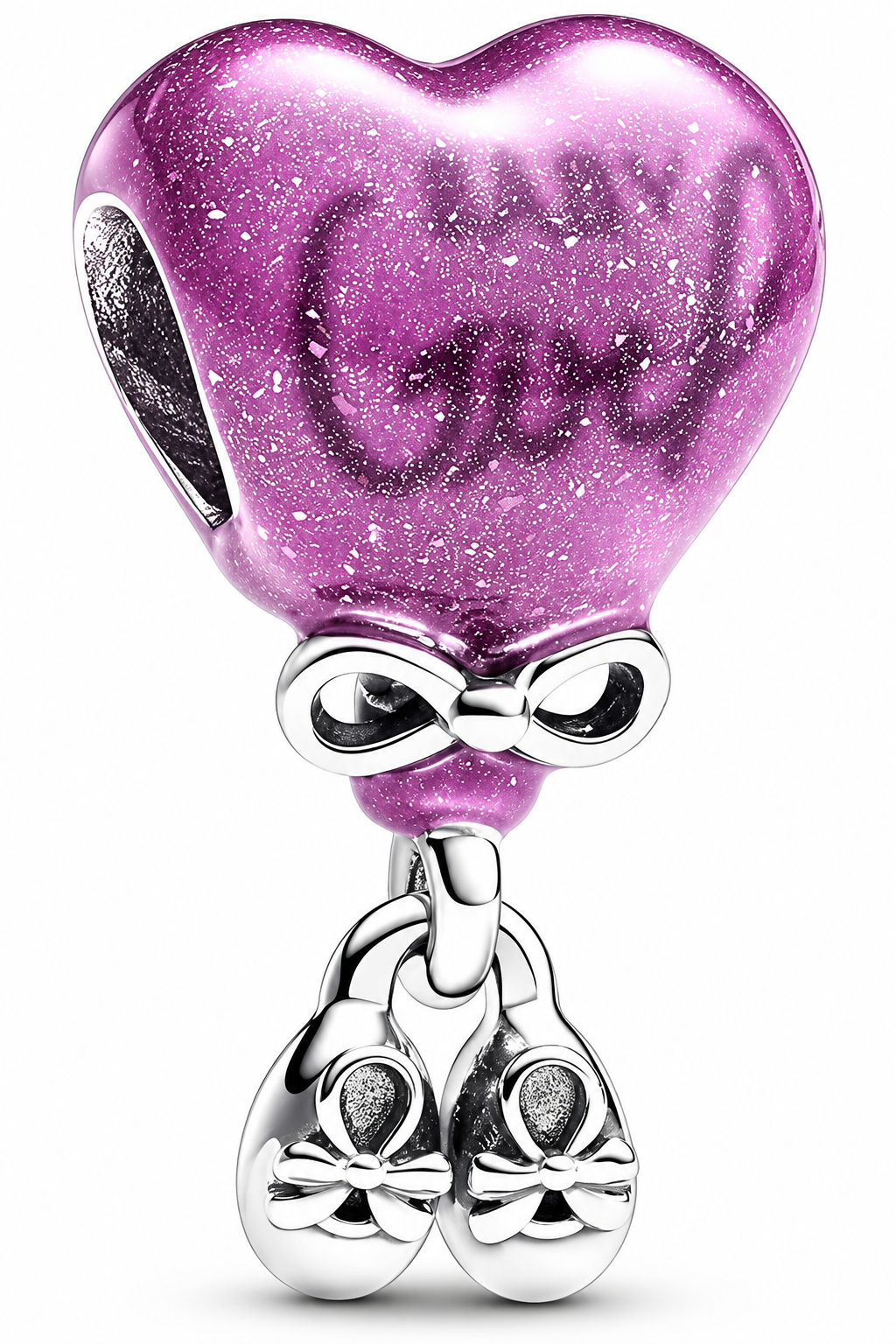 Purple Glitter Heart Charm with Baby Shoes Dangle – Infinity Love Bracelet Bead