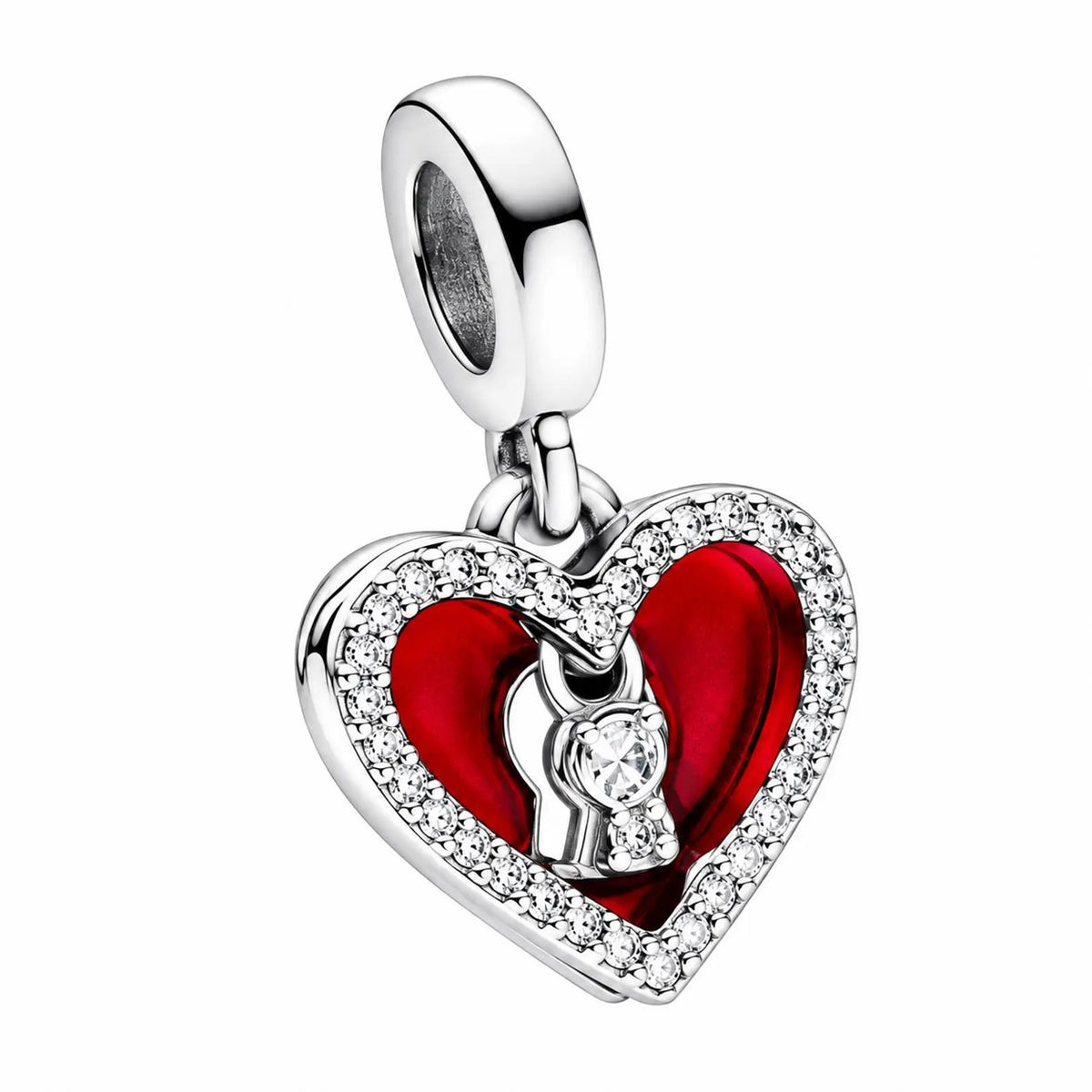 Red Heart Padlock Double Dangle Charm, Sparkling Silver Heart Pendant